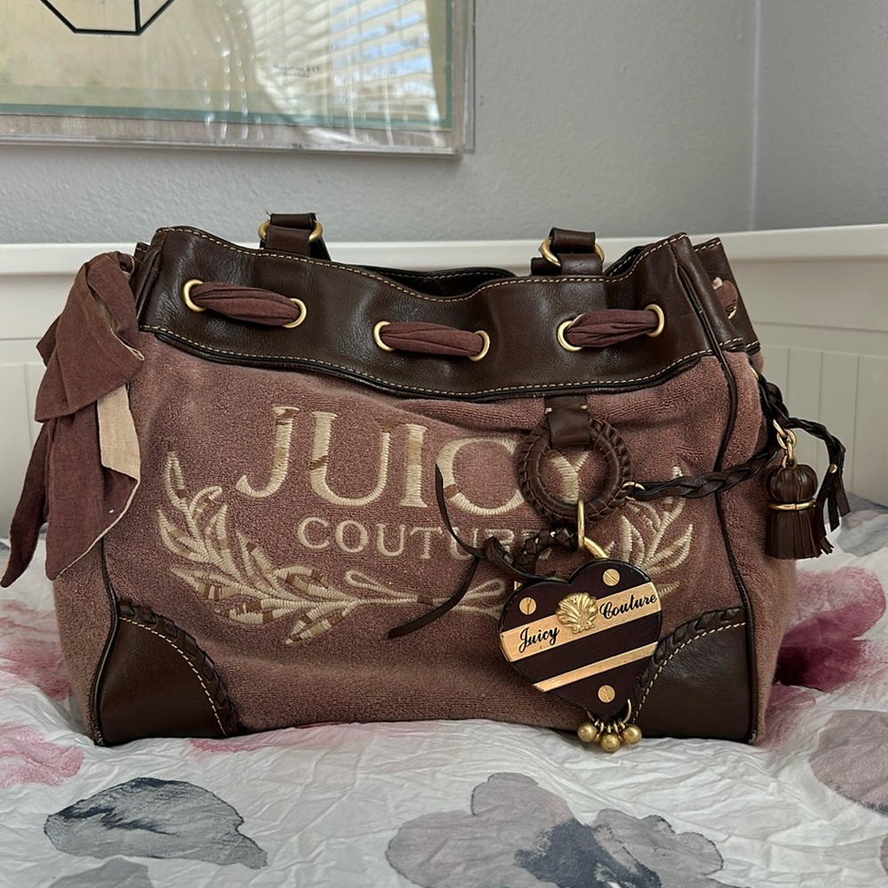 Y2K Juicy Couture Daydreamer Emboidered Charm Bow Bag, Brown Terry Cloth Purse